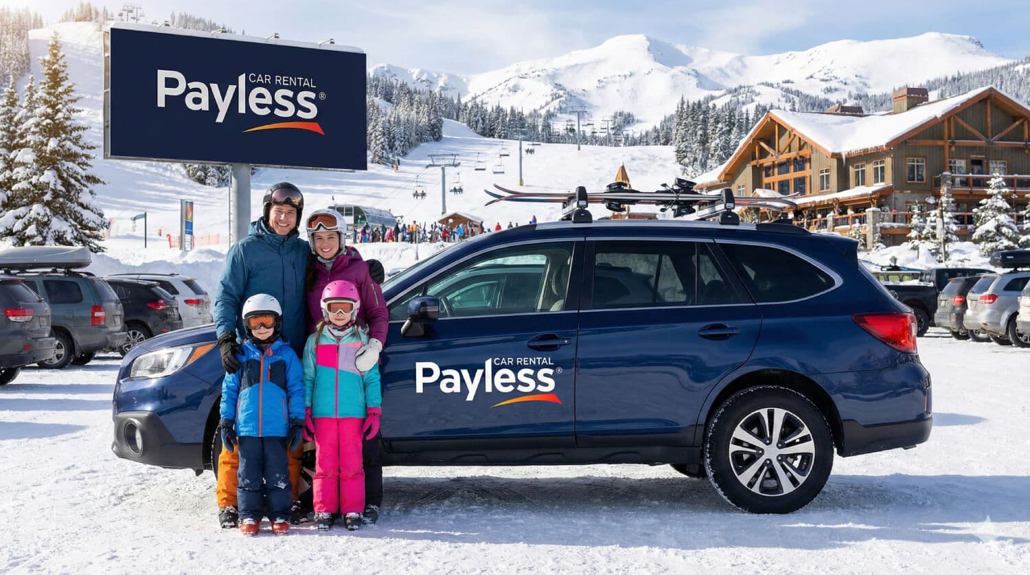 Rodina s prenajatým 4x4 SUV od PAYLESS pred zasneženým hotelom v horách.